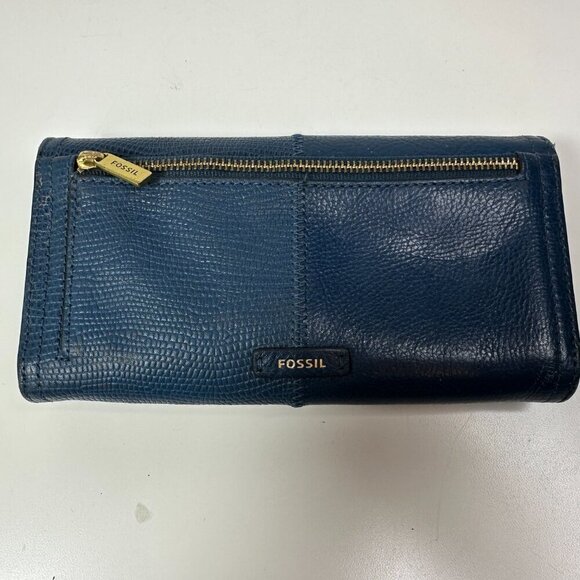 FOSSIL Navy All Genuine Leather Trifold Wallet Billfold Clutch - Picture 2 of 12